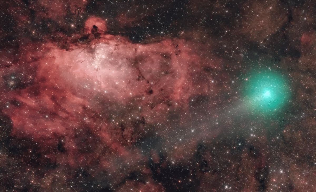 Stunning Capture of Comet SWAN Illuminates the Pillars of Creation in Unforgettable Photo 