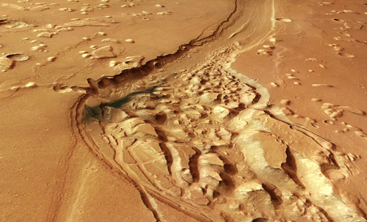 Mars Express Unveils Enigmatic Dark Deposits in 3.5-Billion-Year-Old Martian Channel 