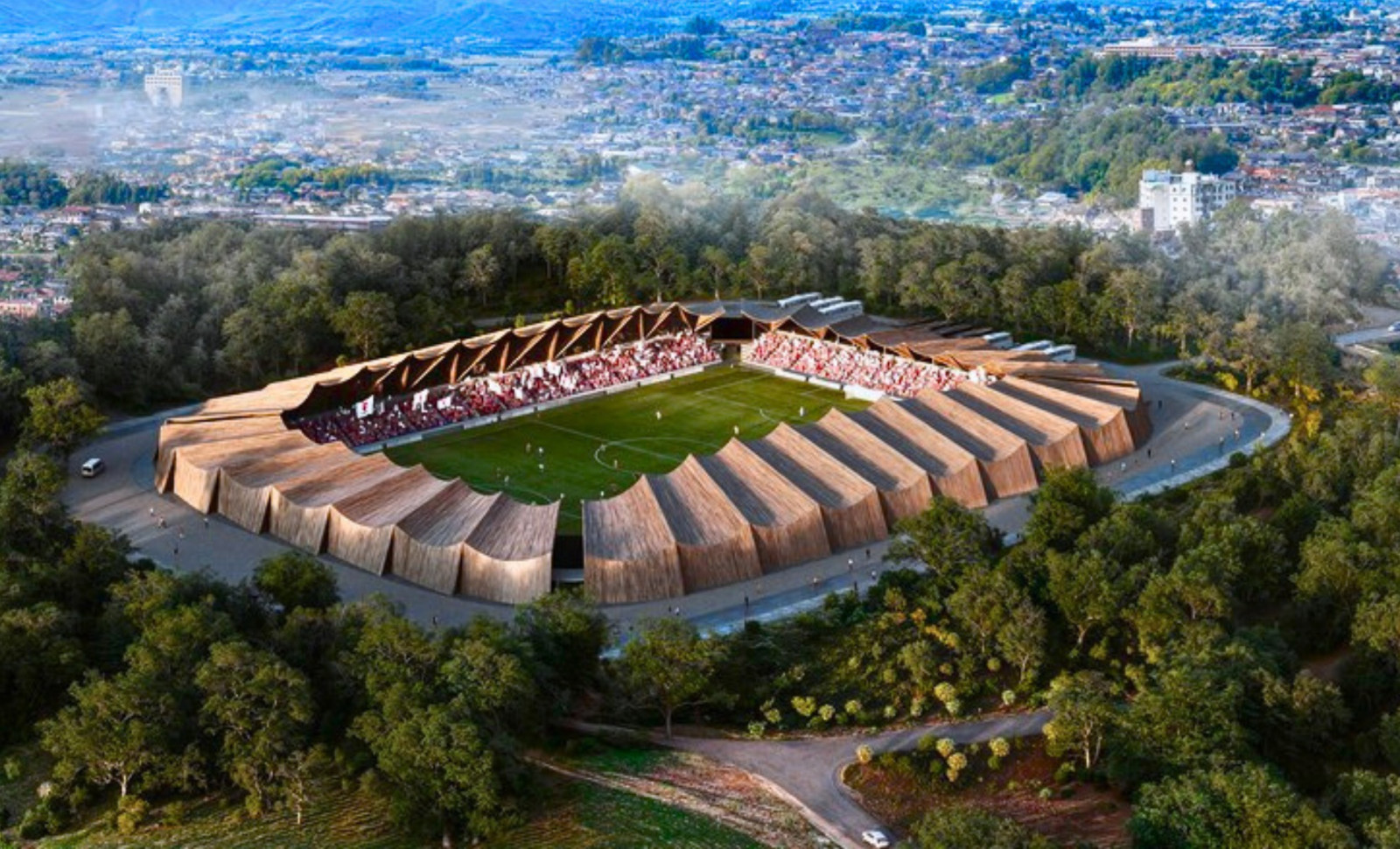 Fan-Driven Wooden Stadium Featuring Rainwater and Local Timber Set for Fukushima Football Club 