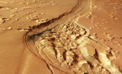 Mars Express Unveils Enigmatic Dark Deposits in 3.5-Billion-Year-Old Martian Channel